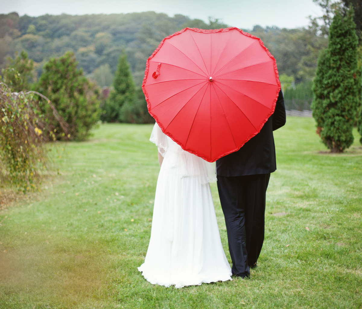 Обои Just Married Couple Under Love Umbrella 1200x1024