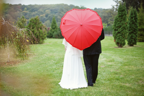 Just Married Couple Under Love Umbrella wallpaper 480x320