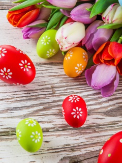 Обои Easter Tulips and Colorful Eggs 240x320