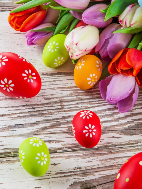Easter Tulips and Colorful Eggs wallpaper 480x640