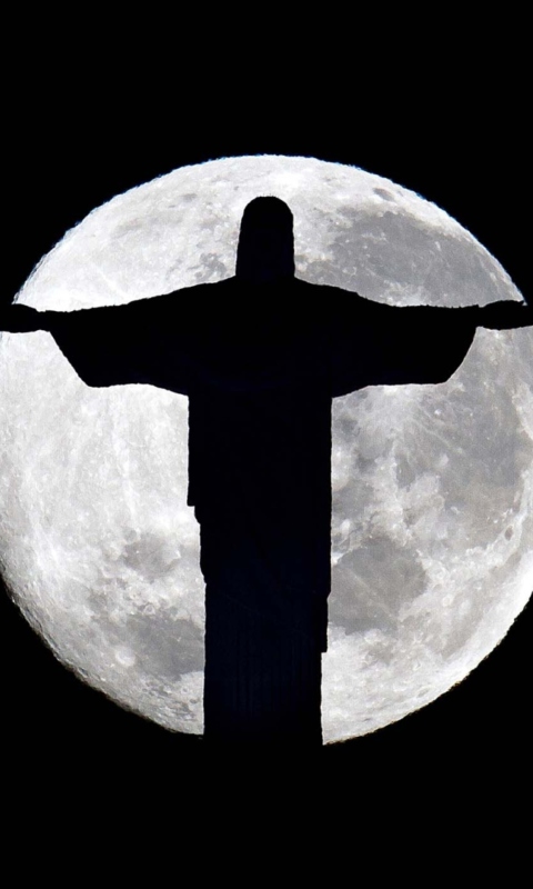 Das Full Moon And Christ The Redeemer In Rio De Janeiro Wallpaper 480x800