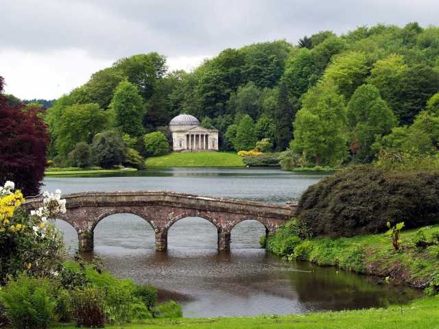 Landscape Bridge In Forest Lake wallpaper 640x480