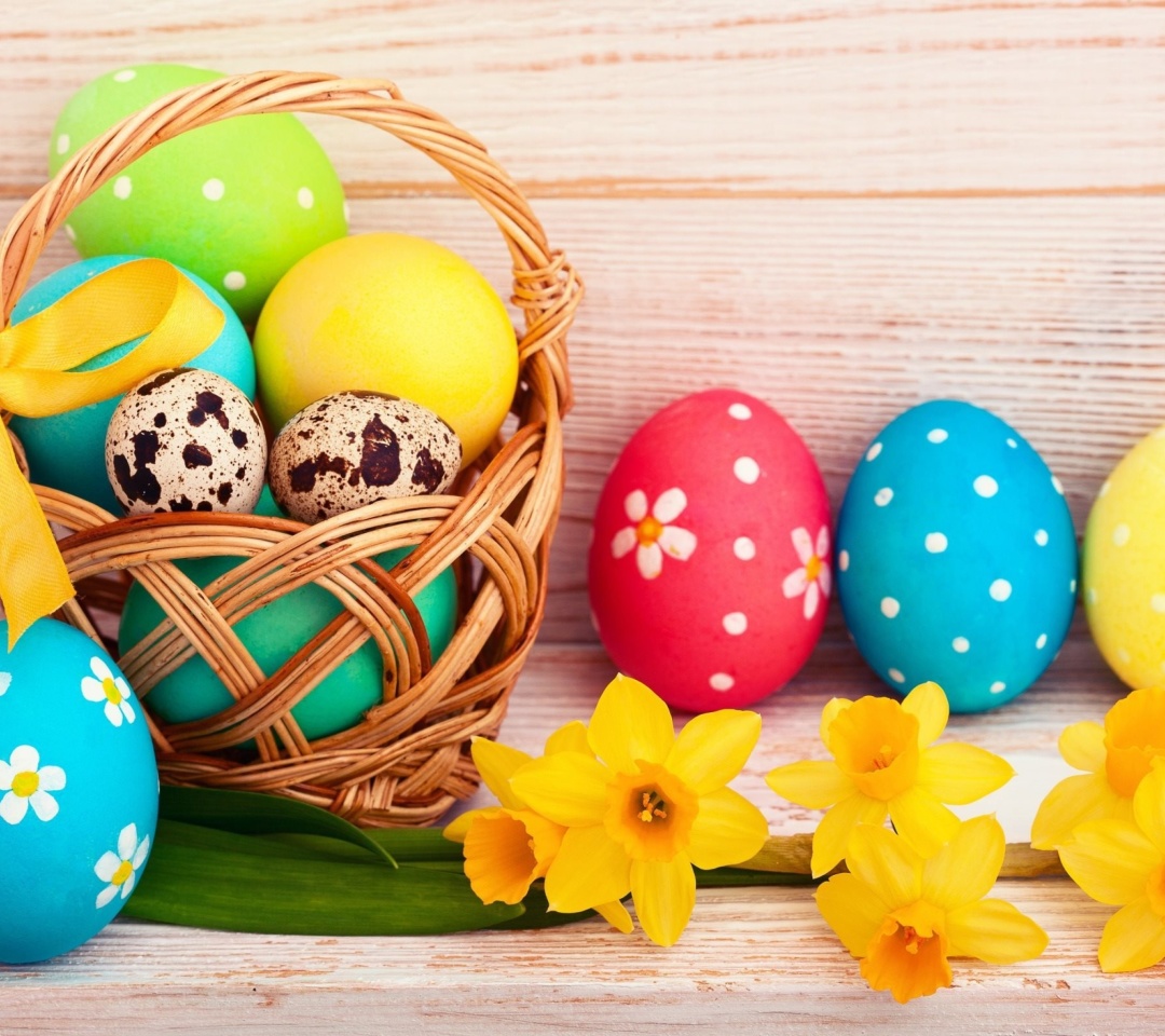 Das Easter Spring Daffodils Flowers and Eggs Decorations Wallpaper 1080x960