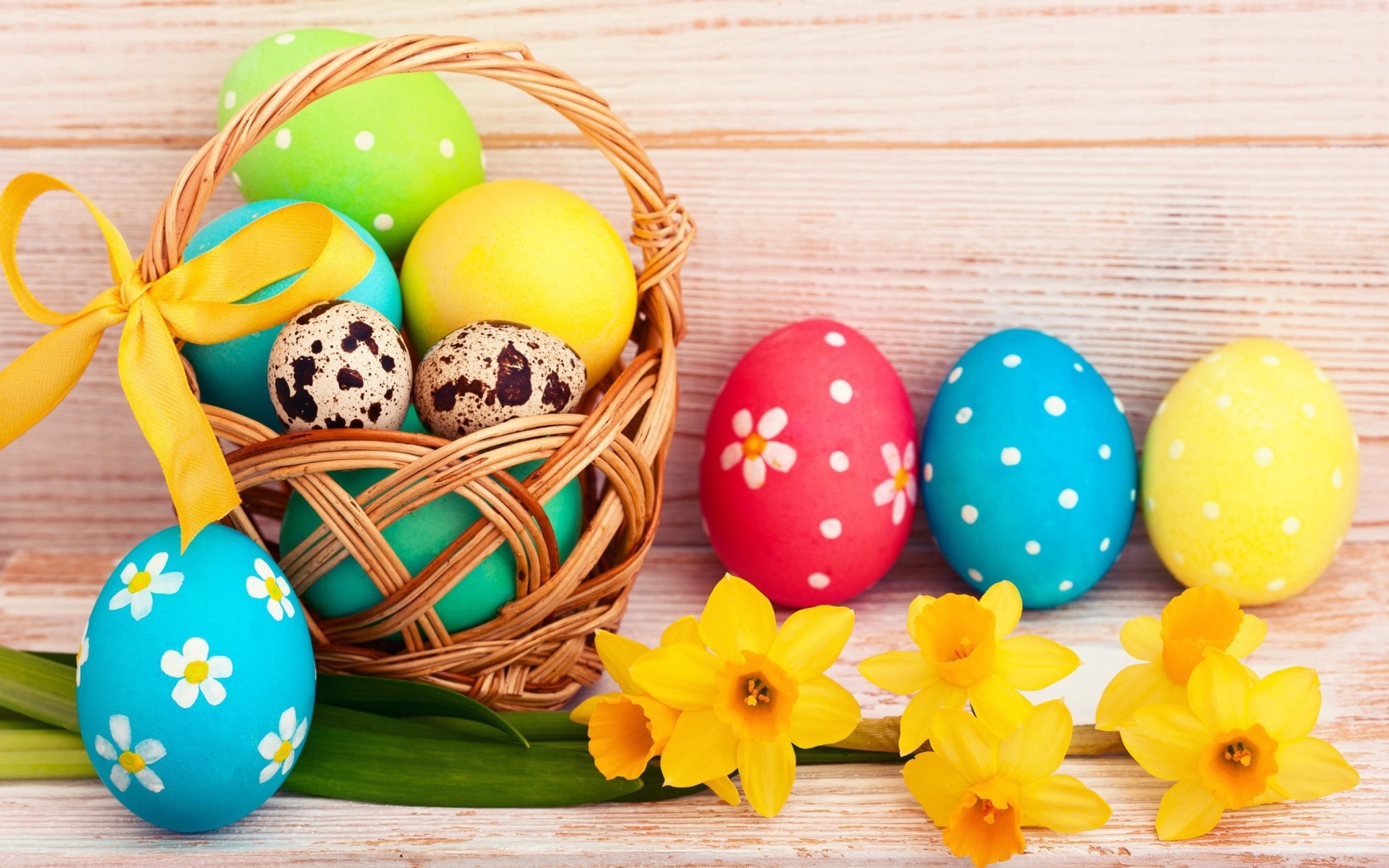 Обои Easter Spring Daffodils Flowers and Eggs Decorations 2560x1600