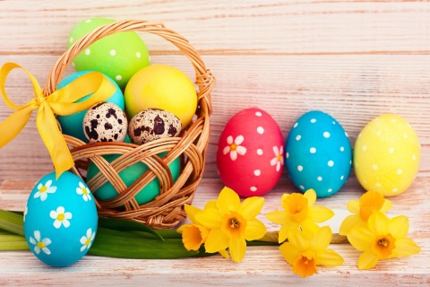 Easter Spring Daffodils Flowers and Eggs Decorations wallpaper 480x320