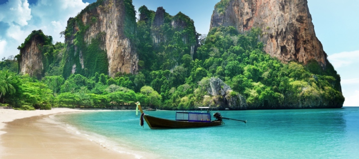 Das Boat And Rocks In Thailand Wallpaper 720x320