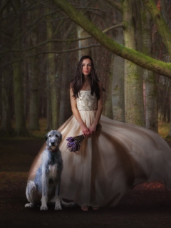 Das Girl, Lavender Bouquet And Dog Wallpaper 240x320