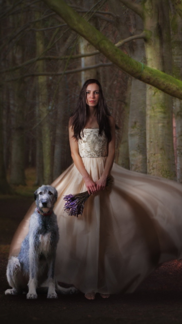 Fondo de pantalla Girl, Lavender Bouquet And Dog 360x640