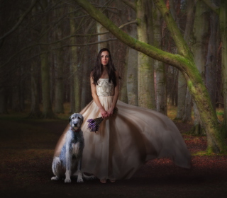 Kostenloses Girl, Lavender Bouquet And Dog Wallpaper für 2048x2048