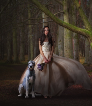 Kostenloses Girl, Lavender Bouquet And Dog Wallpaper für Nokia 5800 XpressMusic