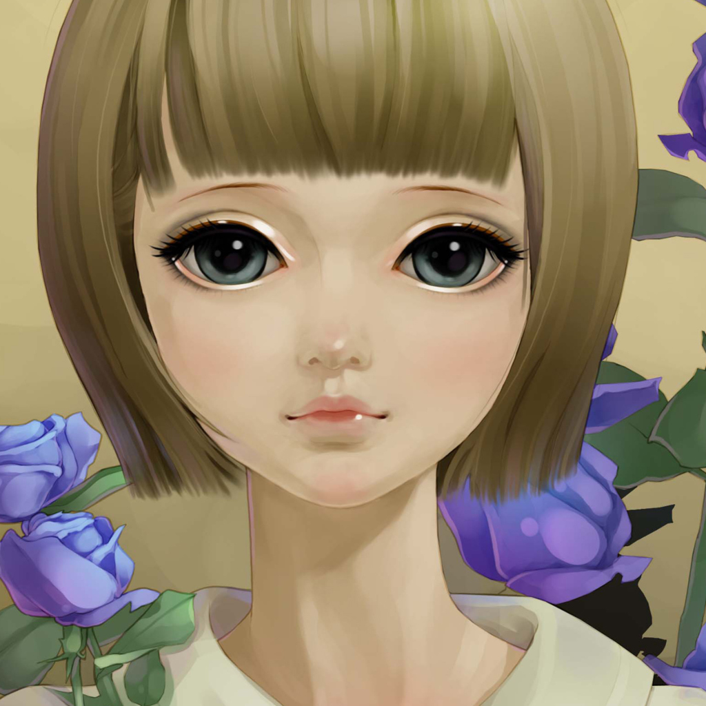 Обои Anime Girl And Blue Flowers 1024x1024