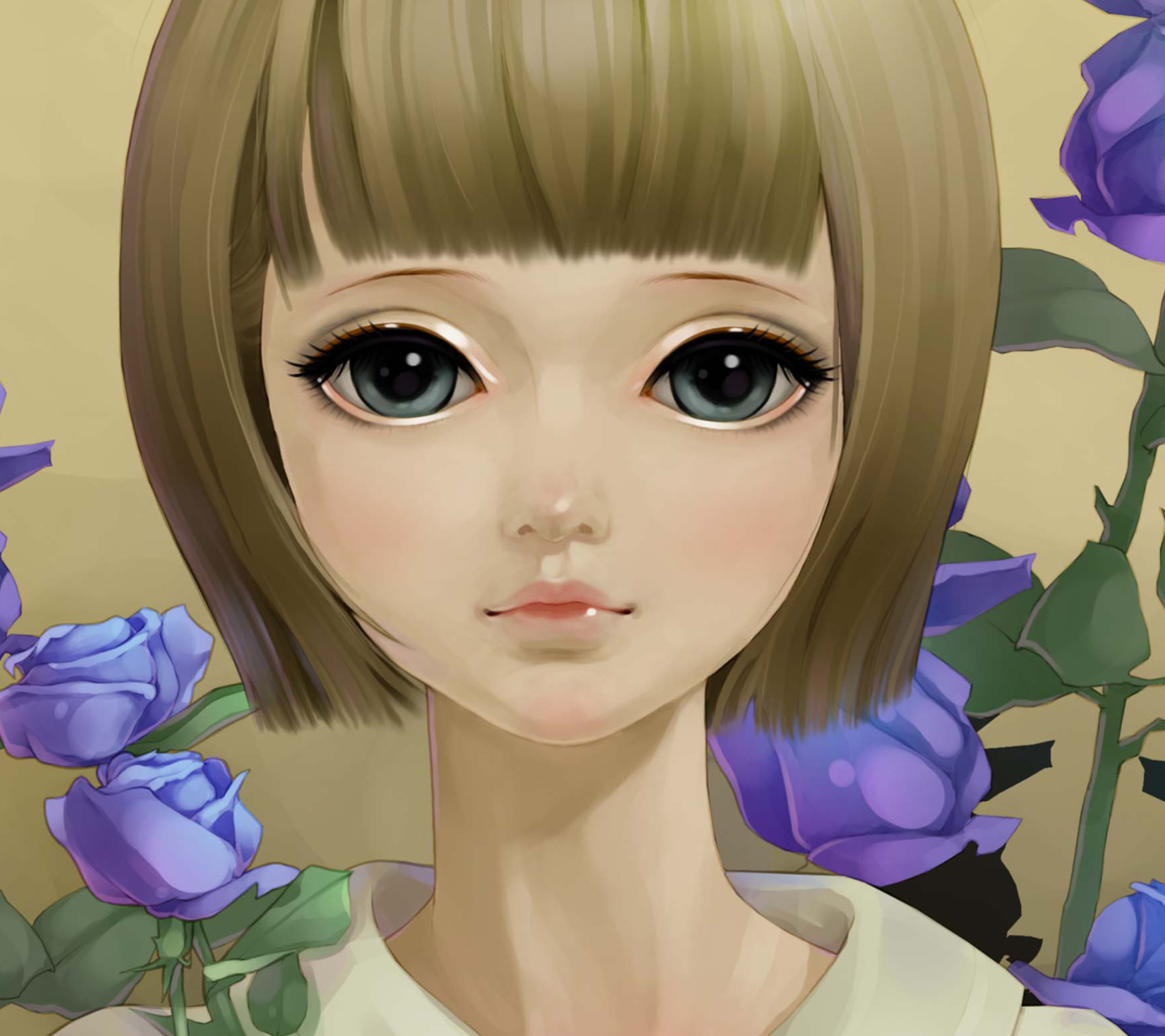 Обои Anime Girl And Blue Flowers 1440x1280