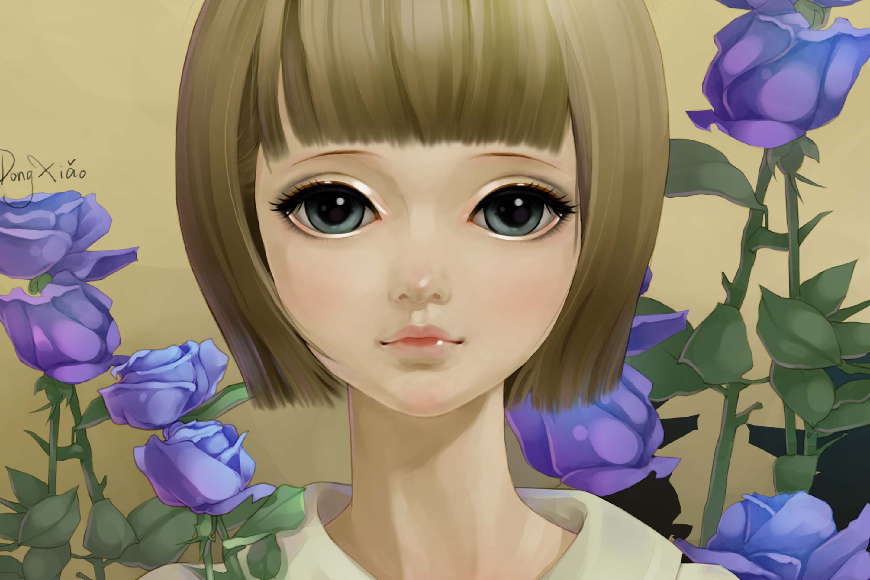 Sfondi Anime Girl And Blue Flowers 2880x1920