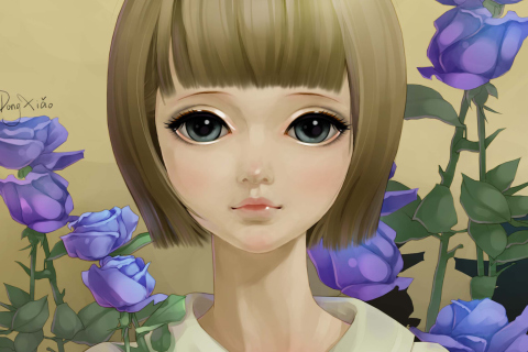 Anime Girl And Blue Flowers wallpaper 480x320