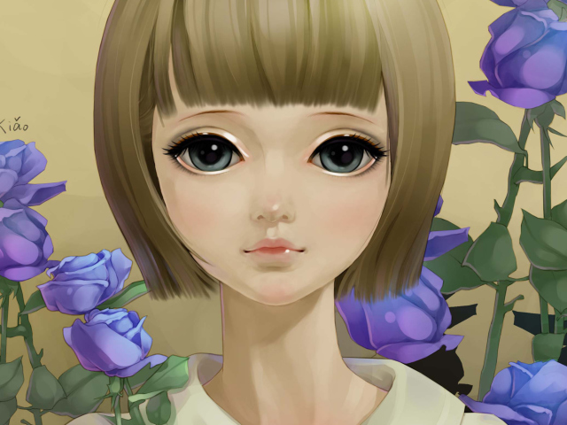 Das Anime Girl And Blue Flowers Wallpaper 640x480