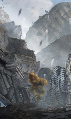 City in Ruins after Post Apocalypse Destruction wallpaper 240x400