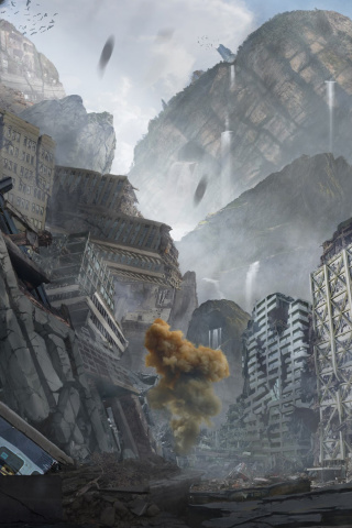 City in Ruins after Post Apocalypse Destruction wallpaper 320x480