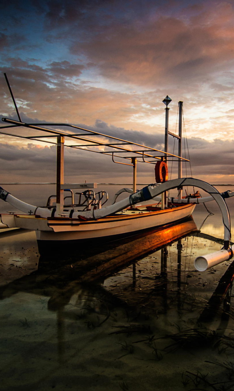 Fondo de pantalla Landscape with Boat in Ocean 768x1280