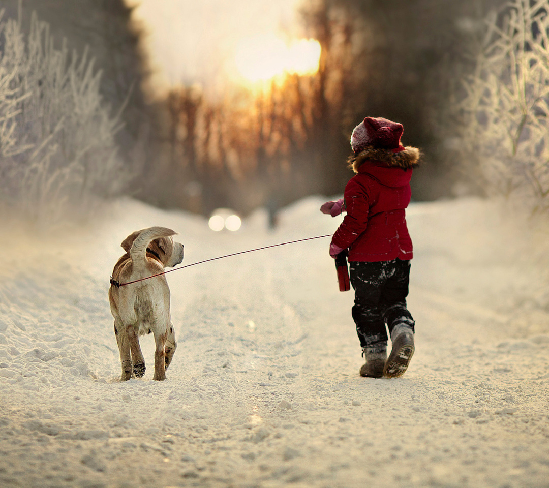 Das Winter Walking with Dog Wallpaper 1080x960