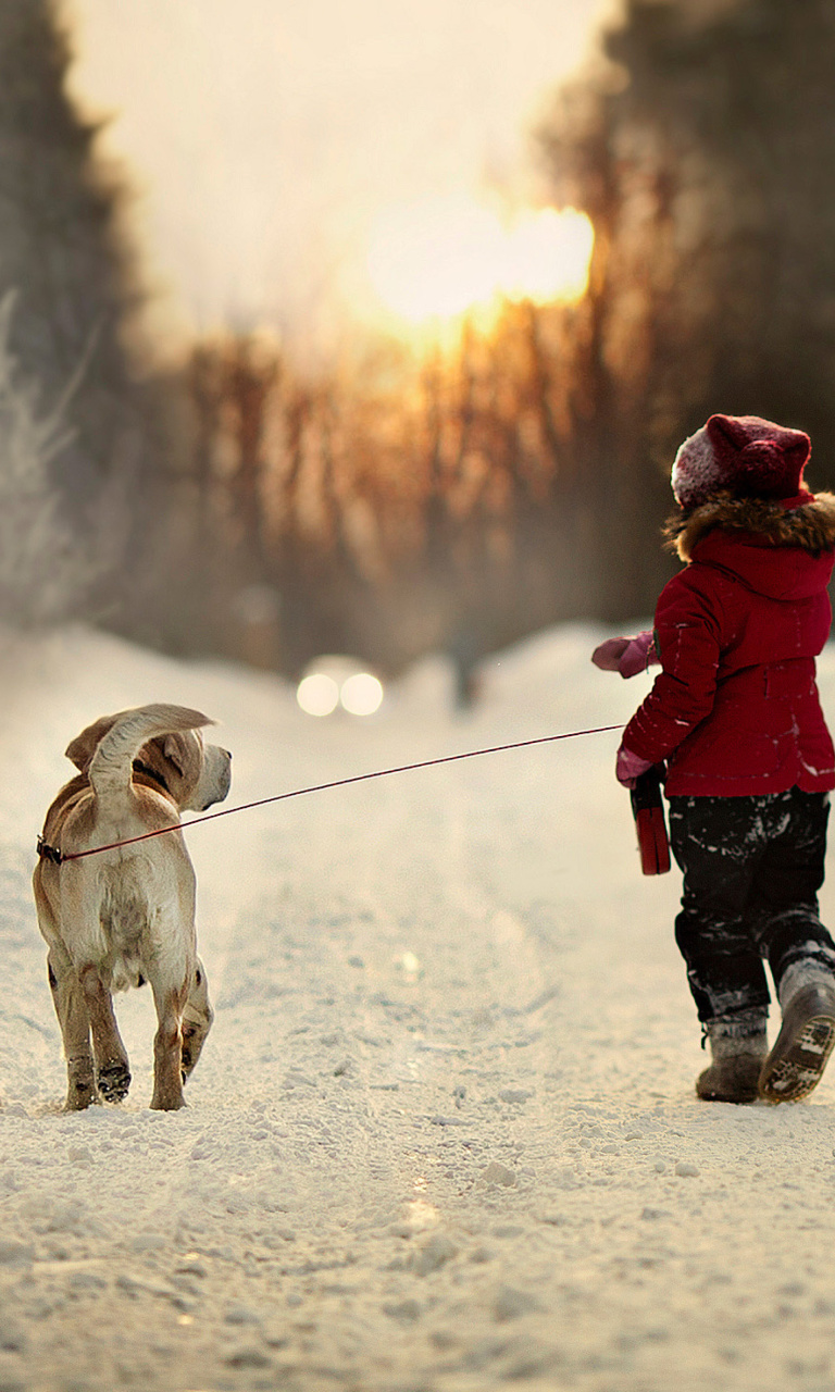 Das Winter Walking with Dog Wallpaper 768x1280