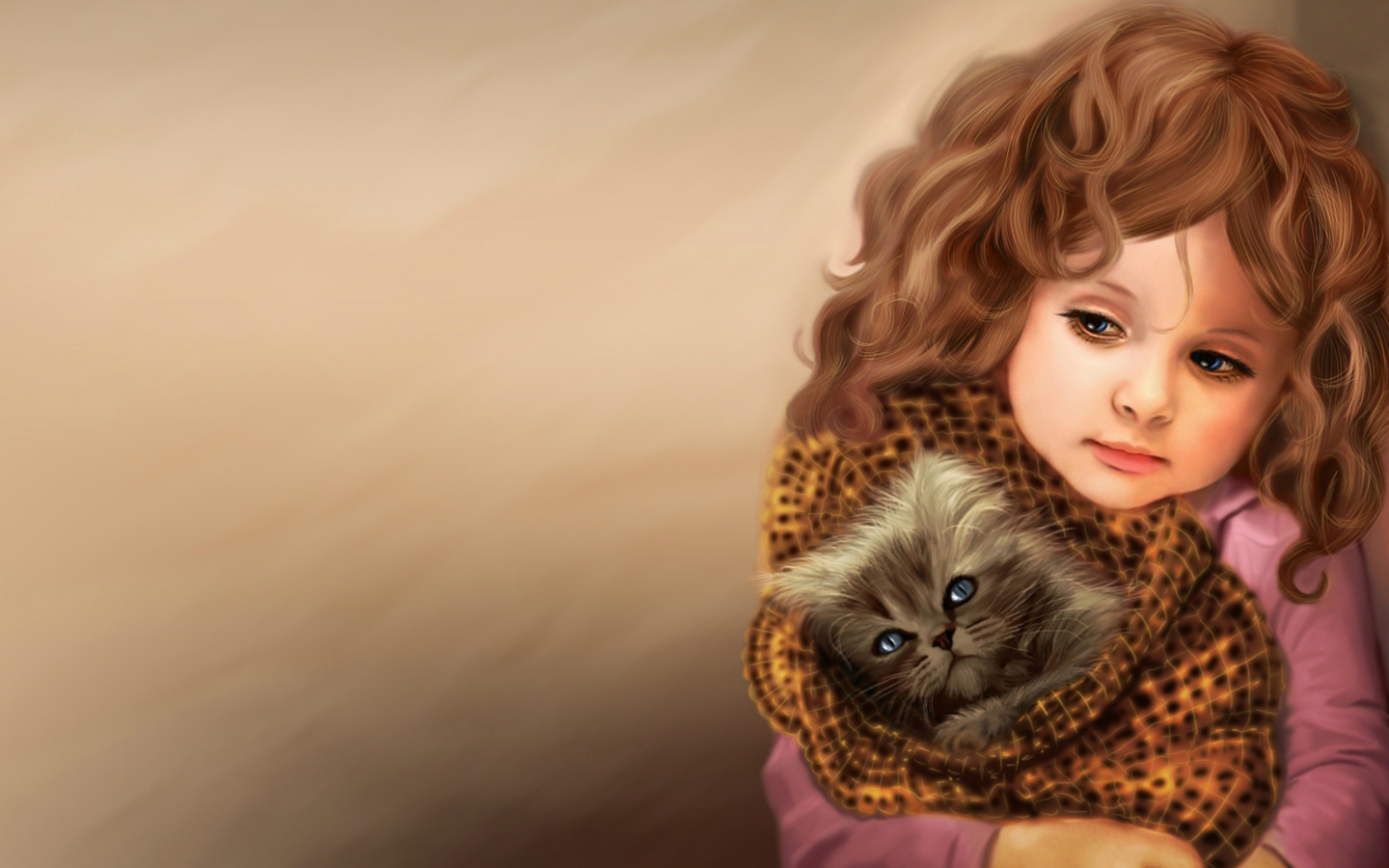 Fondo de pantalla Little Girl With Kitten In Blanket Painting 1440x900