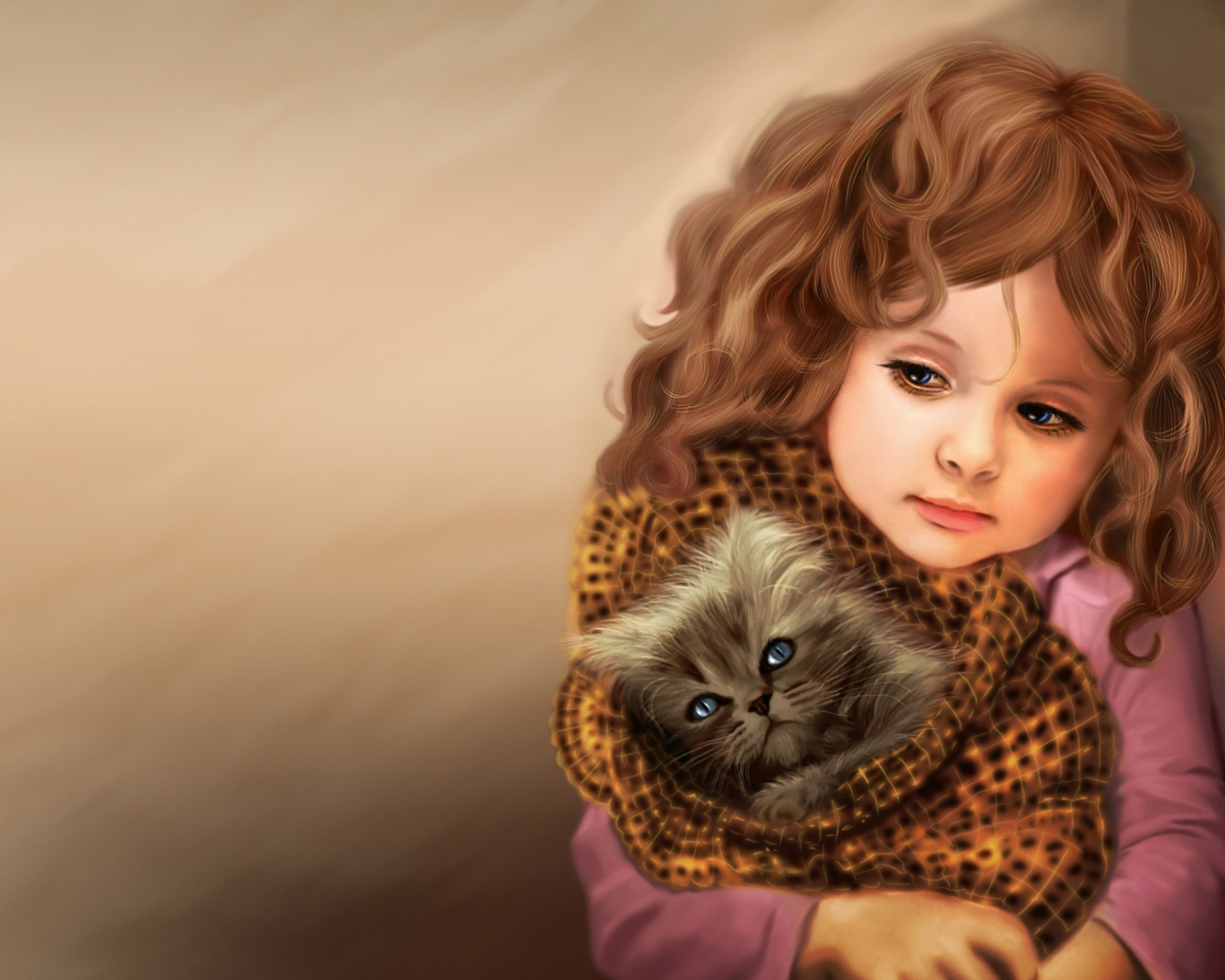 Fondo de pantalla Little Girl With Kitten In Blanket Painting 1600x1280