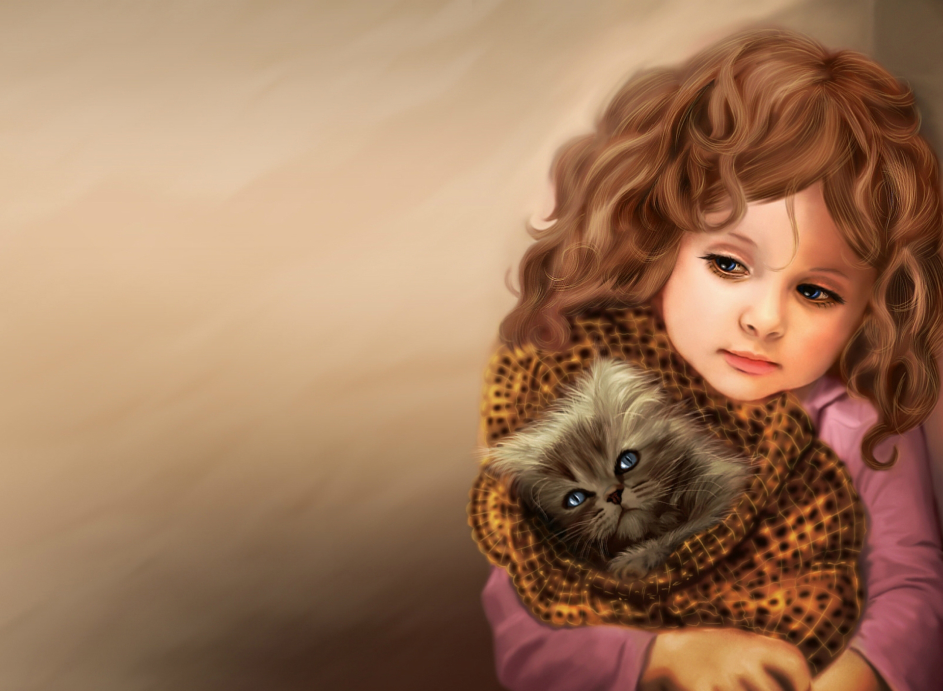 Обои Little Girl With Kitten In Blanket Painting 1920x1408