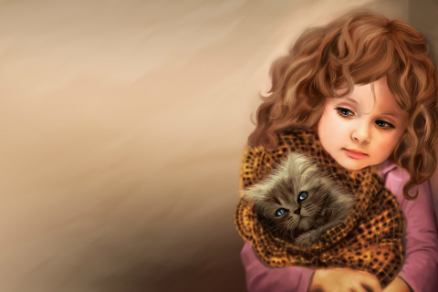 Das Little Girl With Kitten In Blanket Painting Wallpaper 480x320