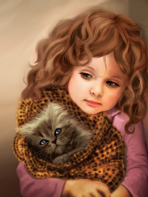 Das Little Girl With Kitten In Blanket Painting Wallpaper 480x640