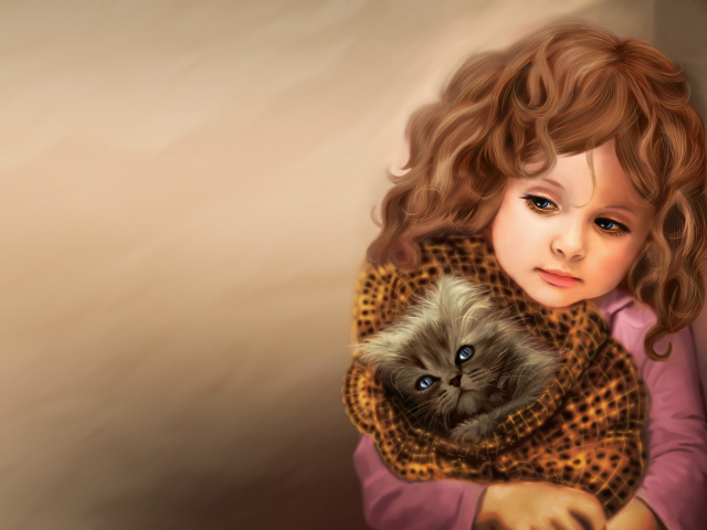Little Girl With Kitten In Blanket Painting wallpaper 640x480