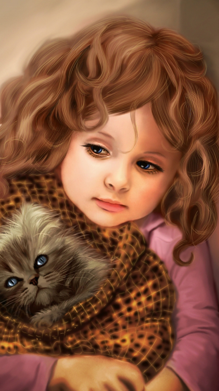 Little Girl With Kitten In Blanket Painting wallpaper 750x1334