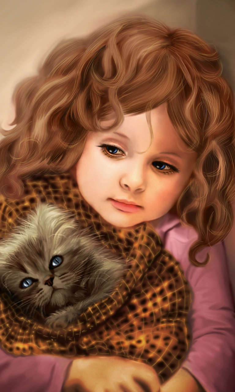Sfondi Little Girl With Kitten In Blanket Painting 768x1280
