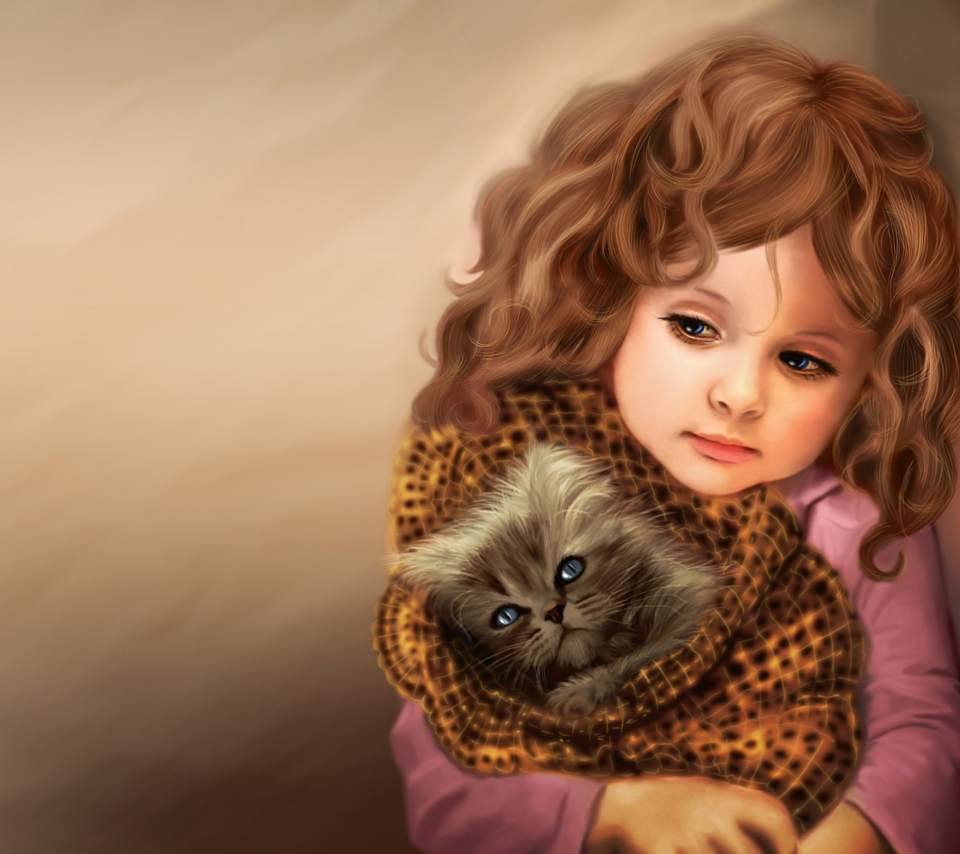 Little Girl With Kitten In Blanket Painting wallpaper 960x854