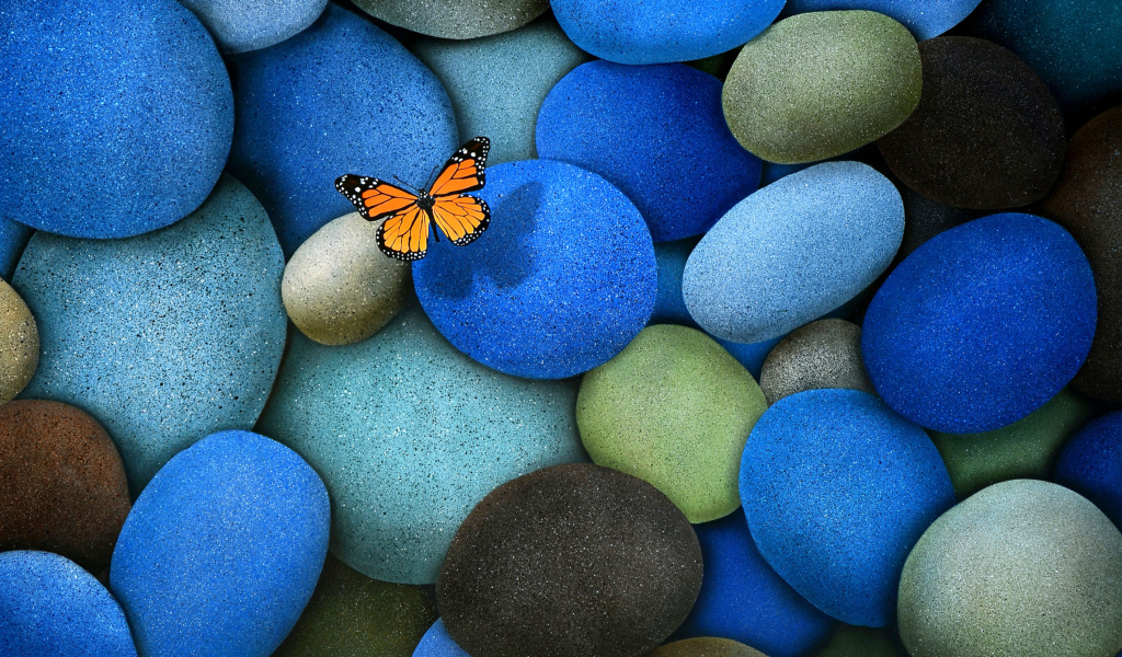 Orange Butterfly On Blue Stones wallpaper 1024x600