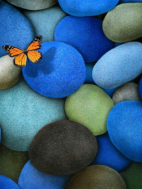 Das Orange Butterfly On Blue Stones Wallpaper 480x640
