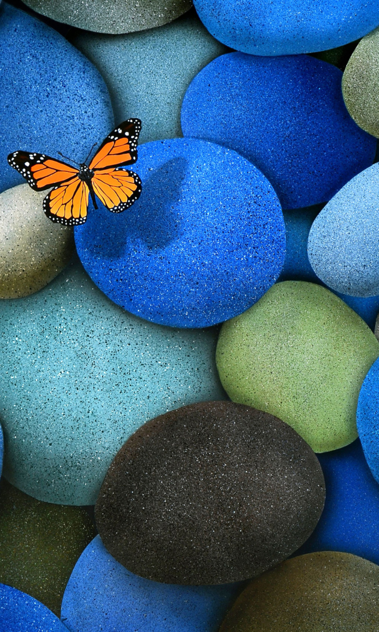 Orange Butterfly On Blue Stones wallpaper 768x1280