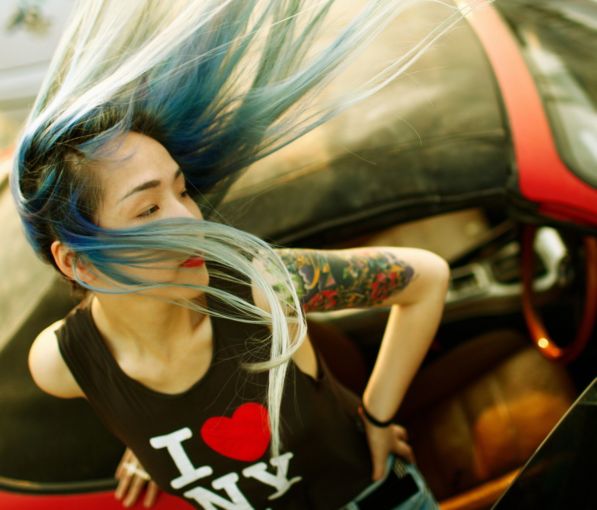 Cool Asian Girl With Blue Hair & I Love NY T-shirt wallpaper 1200x1024