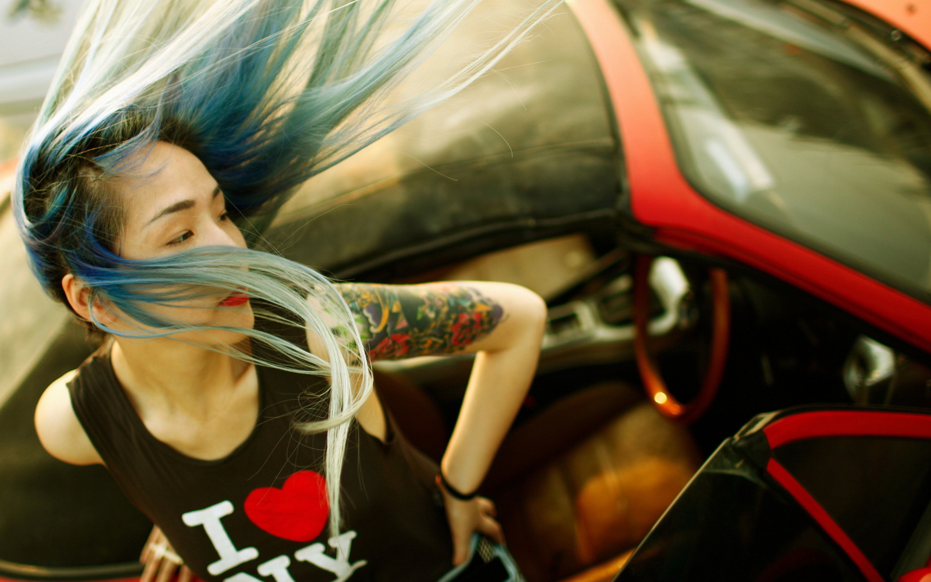 Cool Asian Girl With Blue Hair & I Love NY T-shirt wallpaper 1920x1200