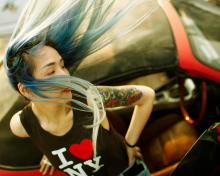 Cool Asian Girl With Blue Hair & I Love NY T-shirt wallpaper 220x176