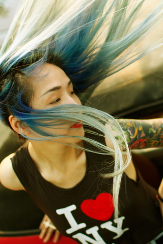 Cool Asian Girl With Blue Hair & I Love NY T-shirt wallpaper 320x480