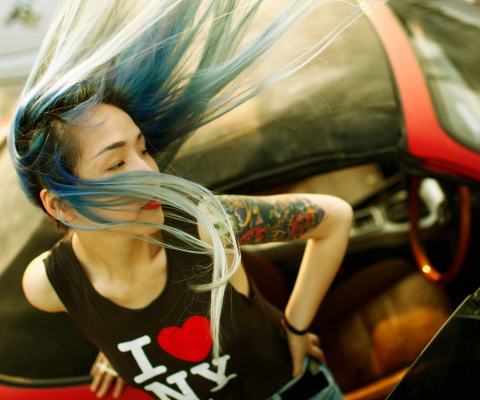 Das Cool Asian Girl With Blue Hair & I Love NY T-shirt Wallpaper 480x400