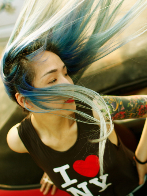 Cool Asian Girl With Blue Hair & I Love NY T-shirt wallpaper 480x640