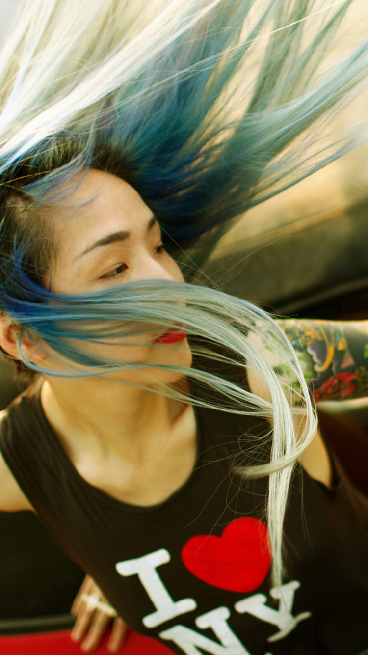 Cool Asian Girl With Blue Hair & I Love NY T-shirt wallpaper 750x1334