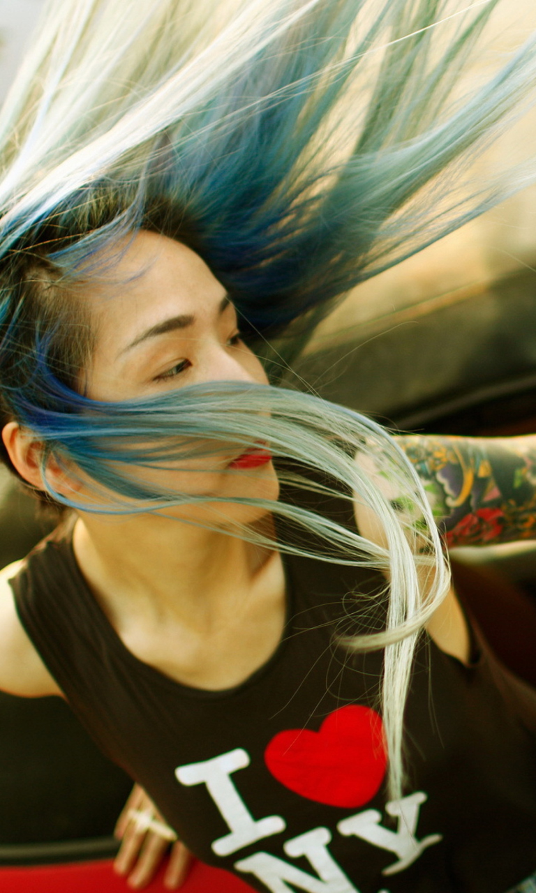 Cool Asian Girl With Blue Hair & I Love NY T-shirt wallpaper 768x1280