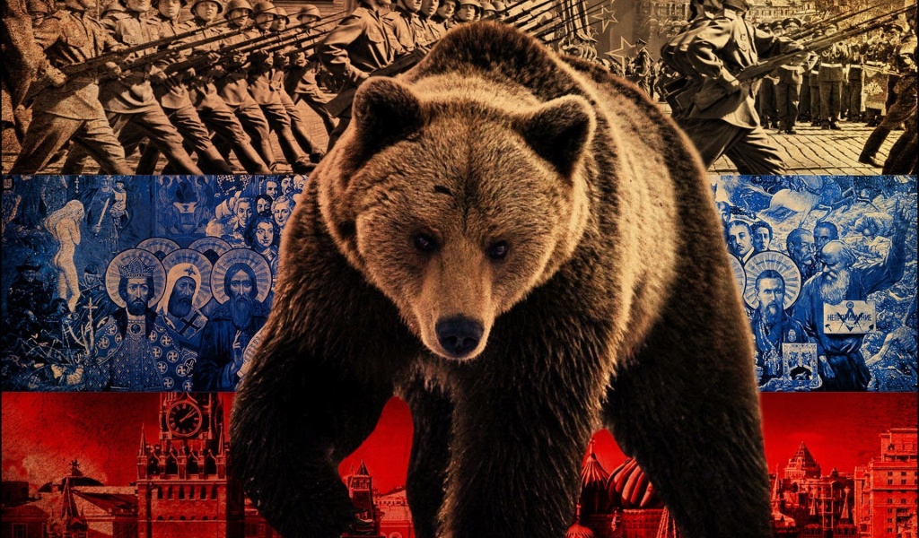 Russian Bear on Flag Background wallpaper 1024x600