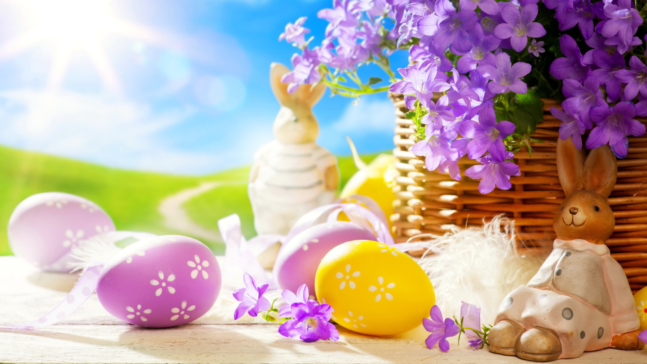 Easter Rabbit And Purple Flowers wallpaper 1280x720