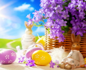 Easter Rabbit And Purple Flowers wallpaper 176x144
