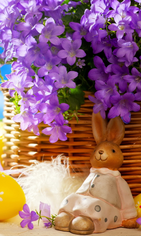Das Easter Rabbit And Purple Flowers Wallpaper 480x800