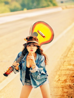 Girl, Guitar And Road wallpaper 240x320