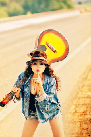 Girl, Guitar And Road wallpaper 320x480